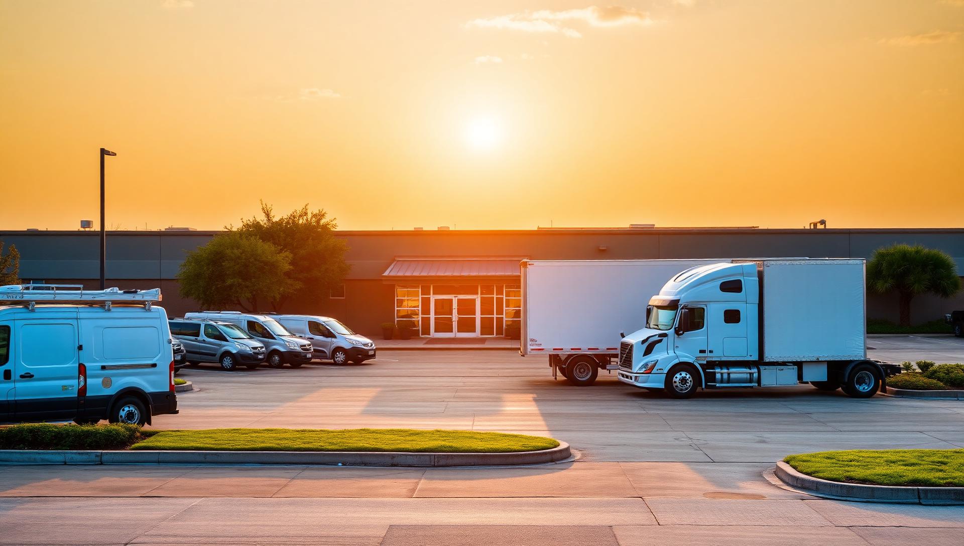 Commercial business park with work vans, a truck, storefront and maintained grounds